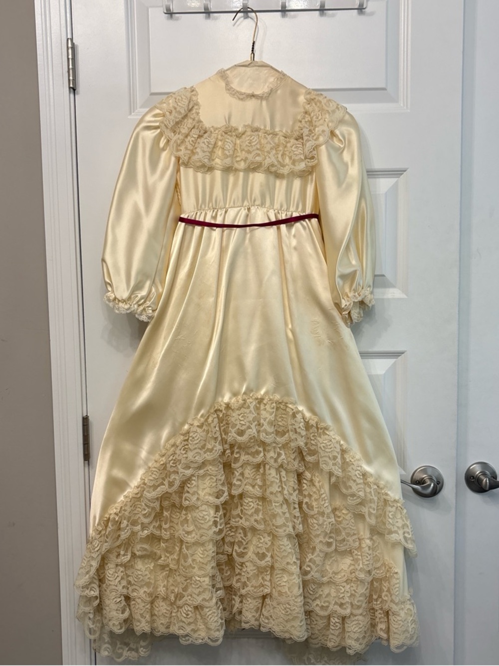 Vintage Victorian Girls Bridgerton Ivory Satin Lace Ruffled Dress with Ribbon
